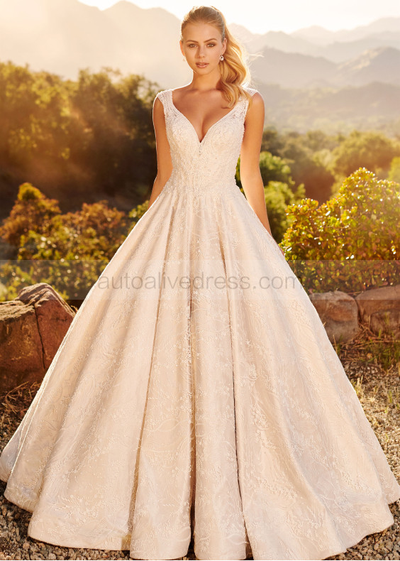 Beaded Ivory Lace Satin U Back Wedding Dress With Pockets